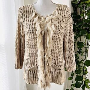 Chicos Tan Beige Chunky Waffle Knit & Soft Tattered Fringed Cardigan Sweater Med